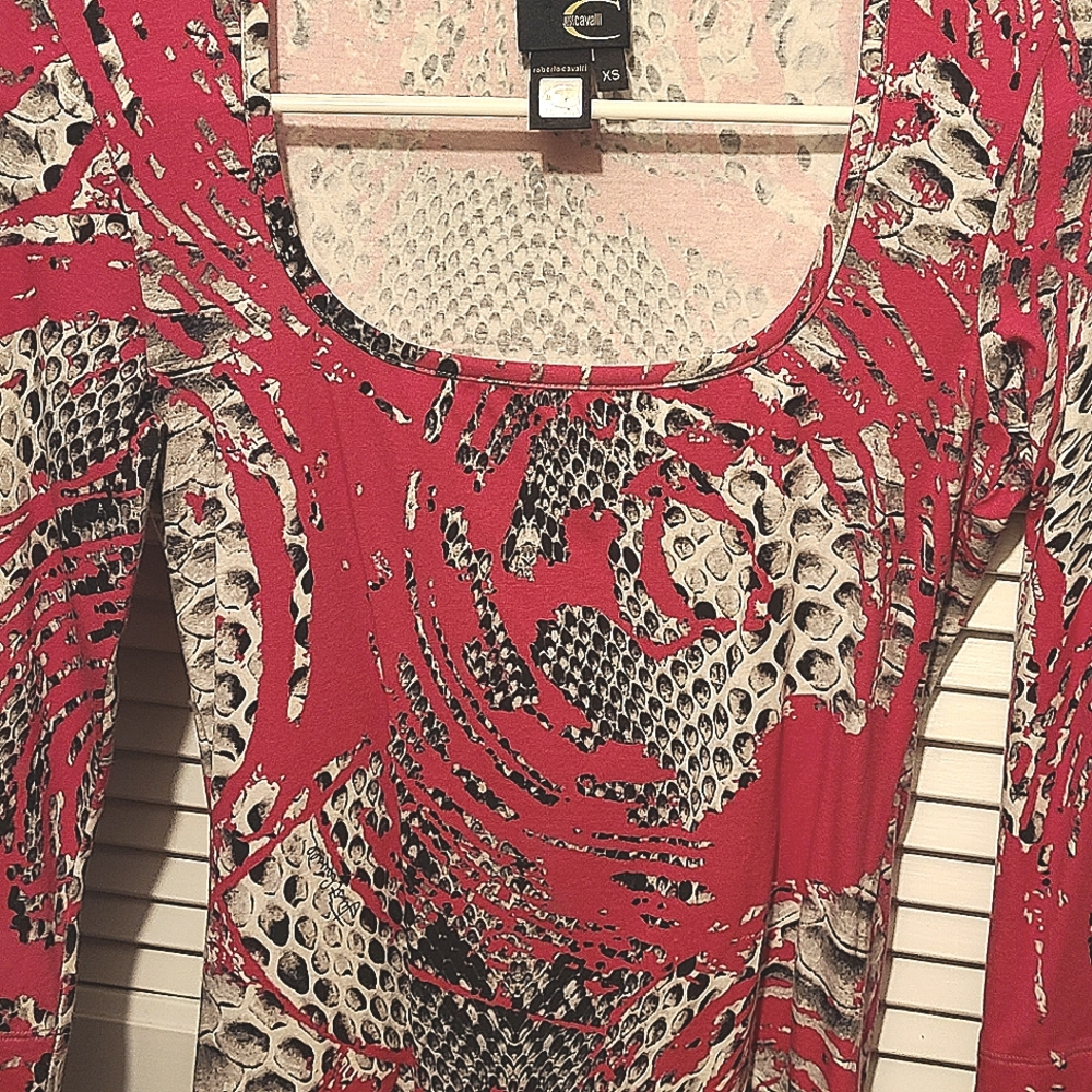 Roberto Cavalli Top, ¾ Sleeve, Snakeskin Grey and Pink, Size XS